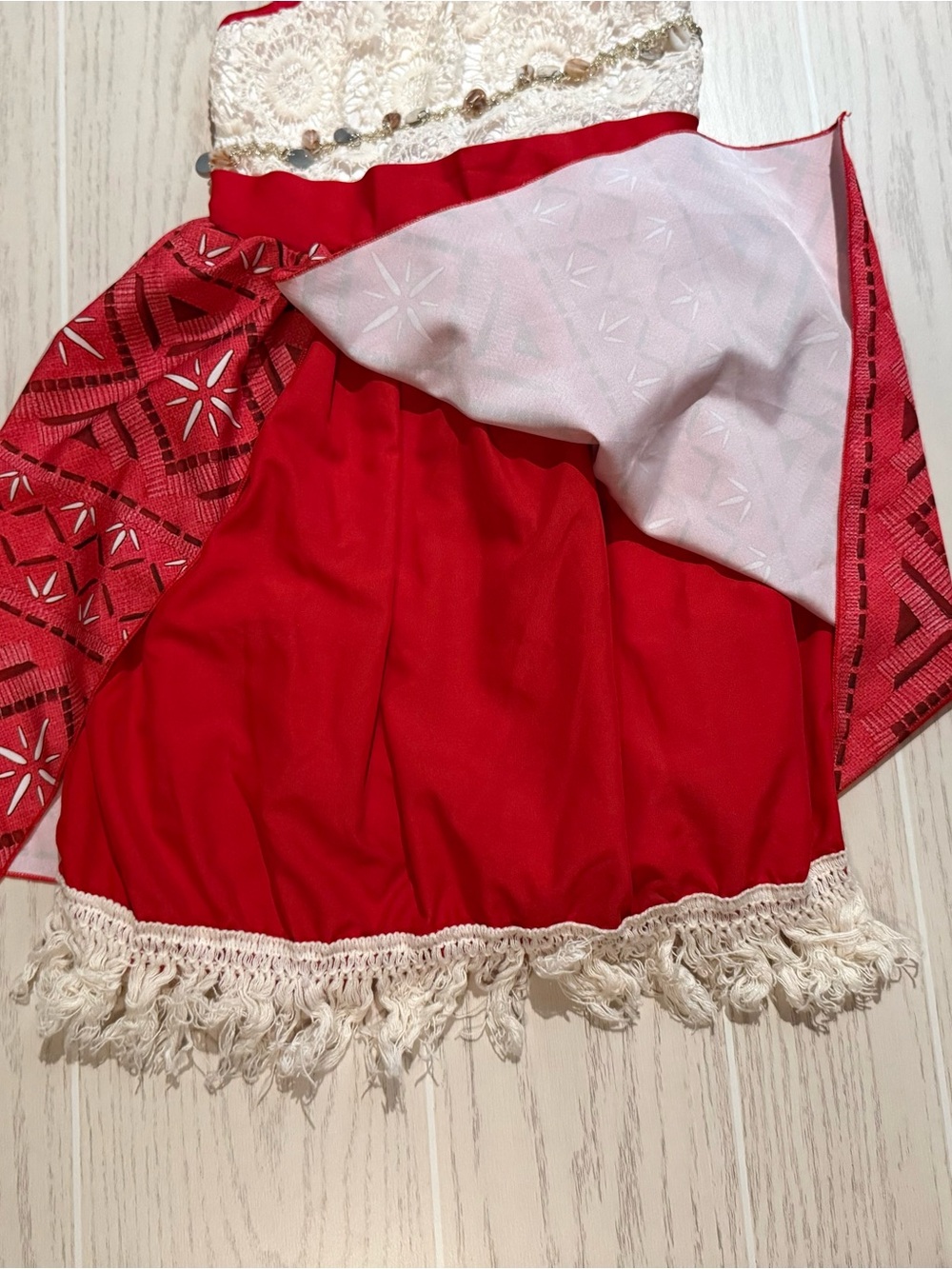 Moana Inspired Girls Costume Dress Size 120 5/6 Red White Fringe Beaded - Picture 4 of 14